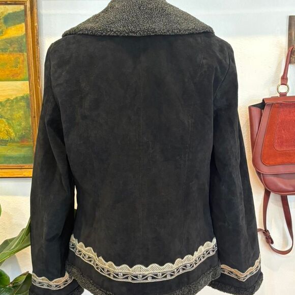 Vintage White Stag Black Leather Shearling Jacket Embroidered Western Boho Coat - Picture 6 of 7
